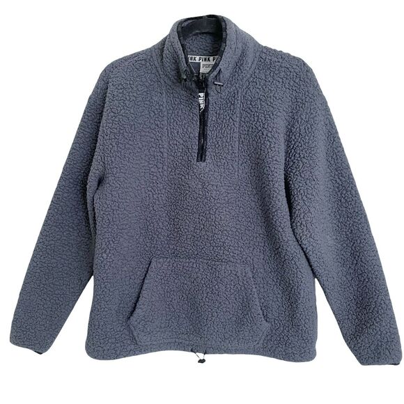 Victoria’s Secret PINK Jacket S Plush Teddy Half-Zip Fleece Steel Gray Fleece - Picture 1 of 6